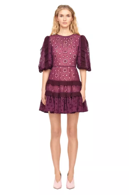 NWT Rebecca Taylor Pinwheel Eyelet Cutout Mini Ruffle Dress Plum Size 0