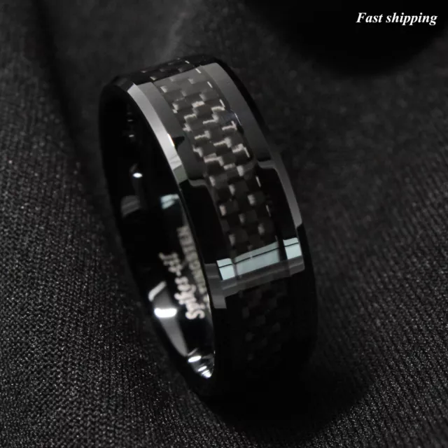 8mm Tungsten Carbide ring Black Carbon Fiber inlay Wedding Band mens jewelry 3