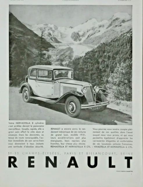 Publicité Presse 1931 Renault Nervastella 8 Cylindres - Reinastella Nervastella