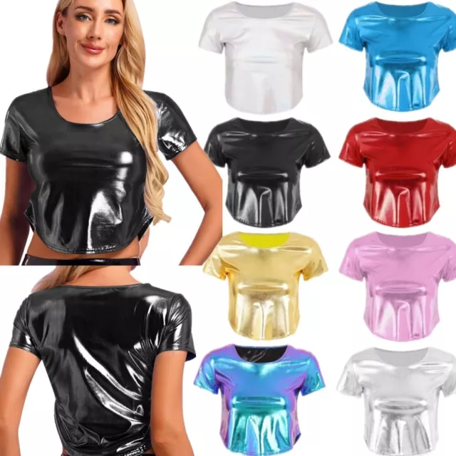 Womens Short Sleeve Bodysuit Glitter Sheer Mesh Body Suit  Tops T Shirt Blouse Clubwear S
