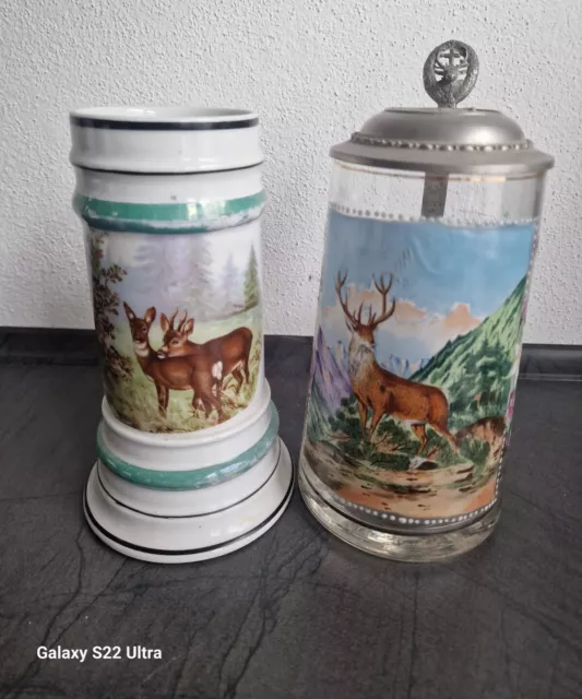 2 alte Humpen Bierkrug Jäger Jagd krug Mit Lithopanie Bodenbild