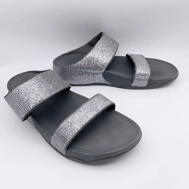 FitFlop Fino Quartz Slide Sandals Black Silver Shimmer Metallic Womens US 10