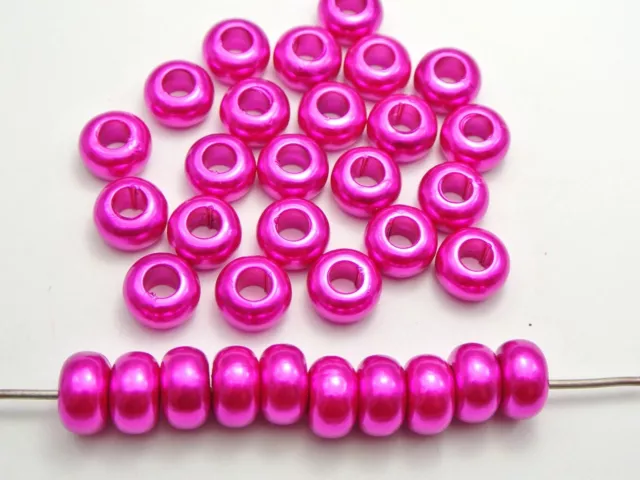 100 Hot Pink Acrylic Faux Pearl Rondelle Spacer Beads With Large 5mm Hole