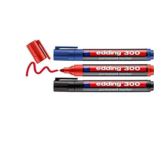 edding 300 Marqueur permanent - noir rouge bleu - 3 stylos - pointe ronde 15-...
