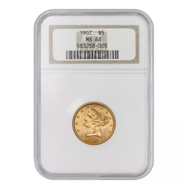 1907 $5 American Gold Liberty Half Eagle NGC MS68 coin TIED FOR FINEST KNOWN