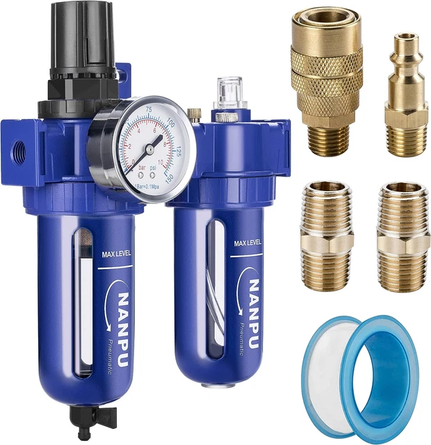 1/2" NPT Compressed Air Filter Regulator Lubricator (FRL), Zinc Alloy, 5 Micron