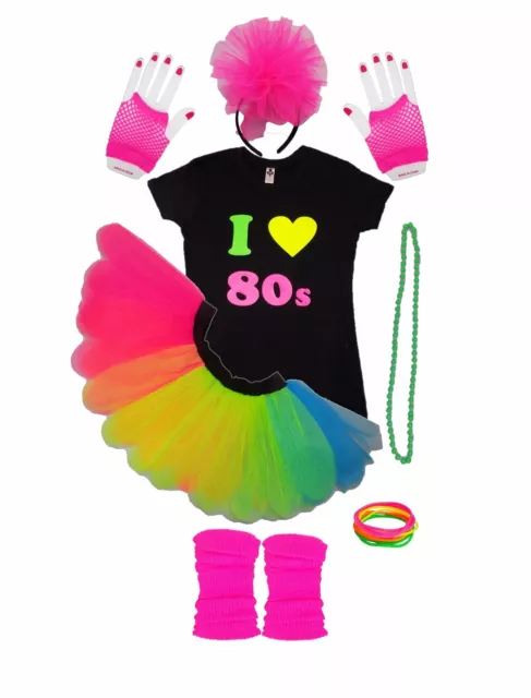 Childrens I Love 80S Neon Tutu Skirt Black Top Gloves Headband Leg Warmer Party