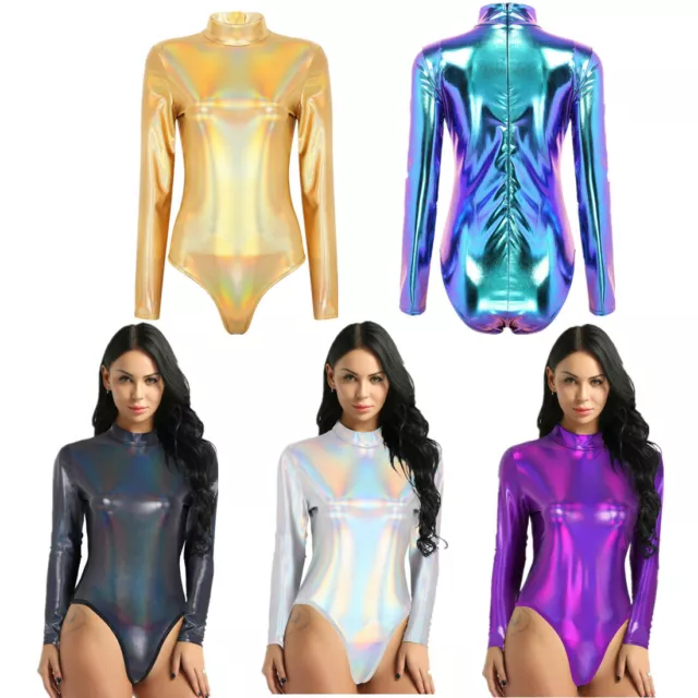 Women Long Sleeves Shiny Metallic Leotard Bodysuit Gymnastic Dance Jumpsuit Top