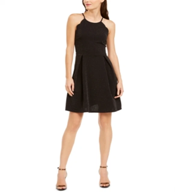 Monteau Women's Petite Scalloped Metallic Fit & Flare Dress Black Size PL