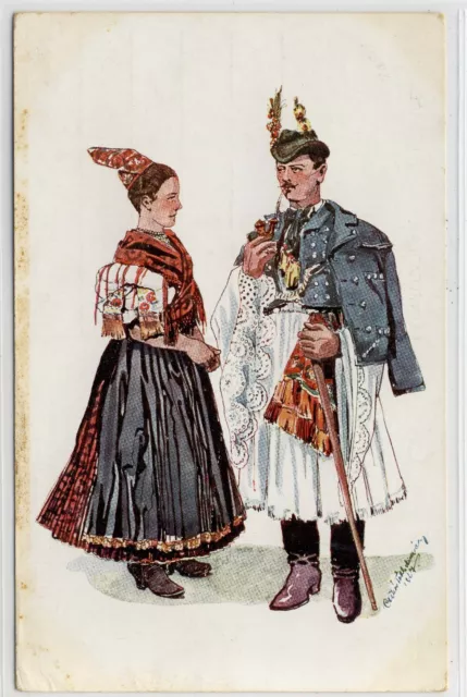 AK Mezökövesd, Fiatal matyopar, Tracht, Csikos Toth Andras 1927