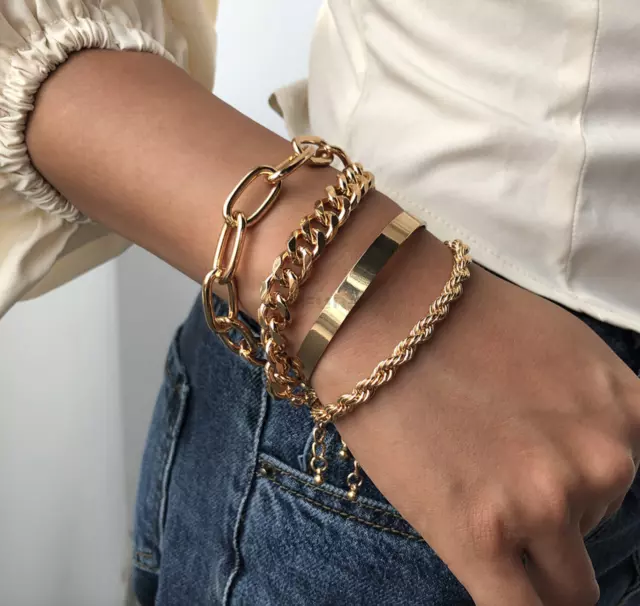 4x Women Bracelet Set Thick Bangle Cuff Chain Boho Fashion Gold Silver Jewellery