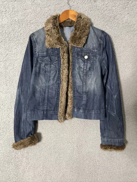 Women's ALLEN B by Allen Schwartz Denim Faux Fur Trim Jean Jacket Size L