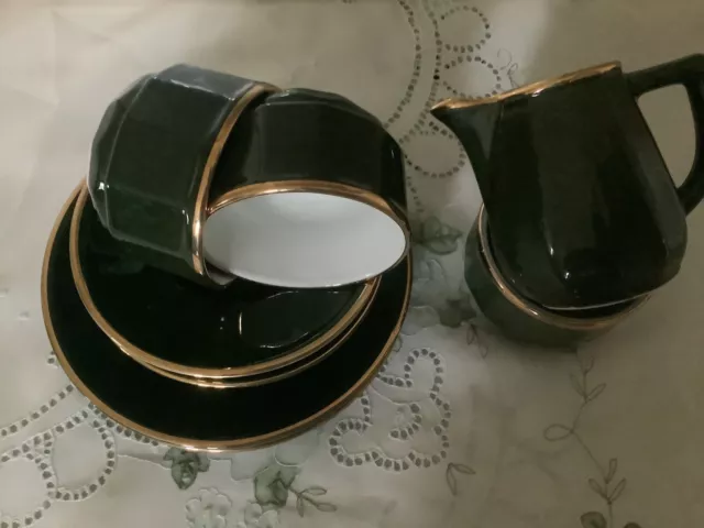 Vintage Green/Gold Apilco Trio Set x 2 Plus 1 Sugar Bowl and 1 Creamer