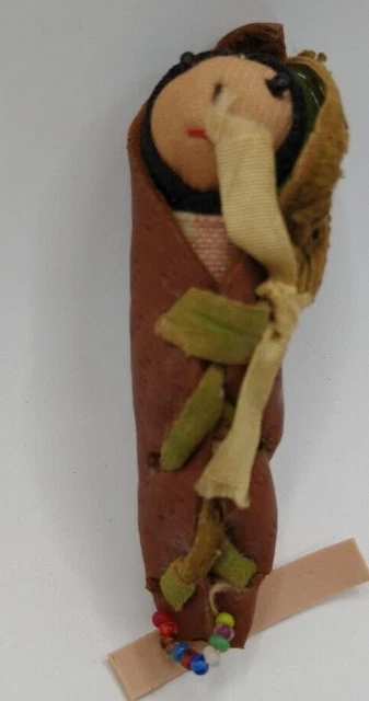 Vintage Papoose Handmade Wrapped in Brown Leather Beads Leather Ties
