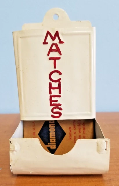 Vintage Red White Tin Metal 6" Tall Wall Matchbox Holder With Stick Matches