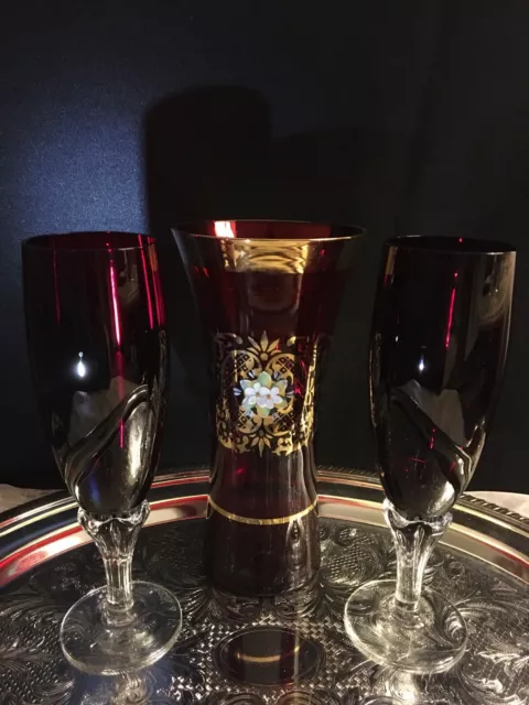 2 beautiful Bohemia ruby red champagne glasses and a vase - Czechoslovakia