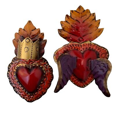 SET (2) Small Tin Hearts, Heart with Wings + Heart with Crown,  Mexican Corazons