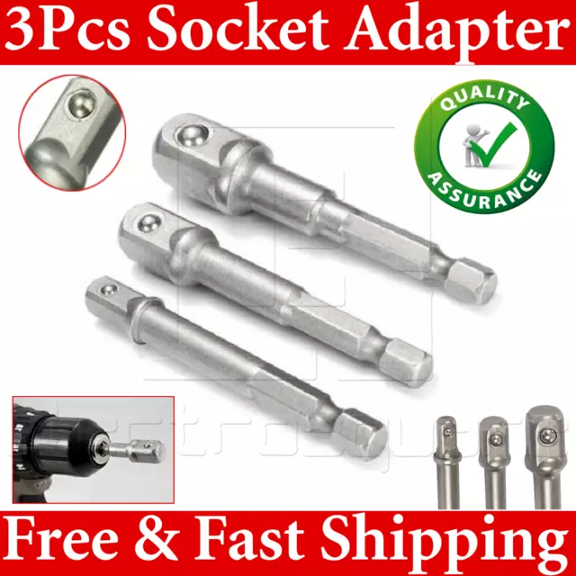UK 3pc Hex Drill Socket Adaptor Drive To 1/4" 3/8" 1/2" Drive Socket Adapter DIY