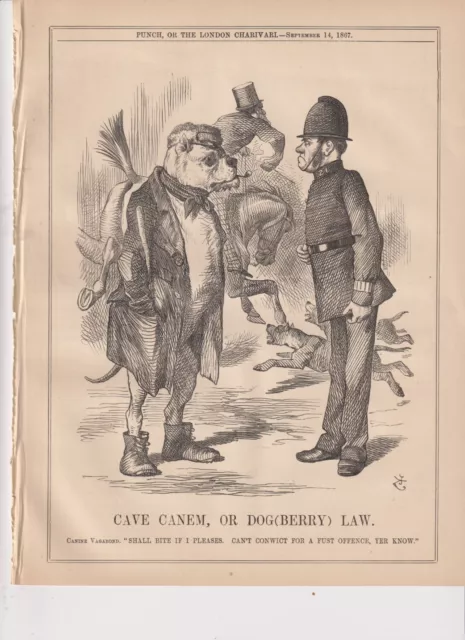 1867 Punch Cartoon Dogberry Law Can't Convict Canine Vagabond on First Offence