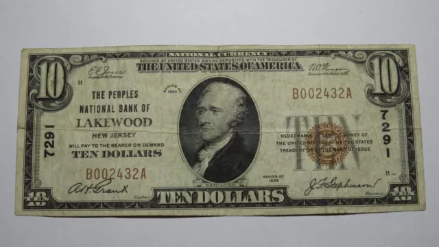 $10 1929 Lakewood New Jersey NJ National Currency Bank Note Bill Ch. #7291 VF!