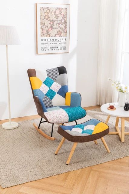 Upholstered Nursery Rocking Chair  w Thick Padded Wood Rocker+Matching Ottoman