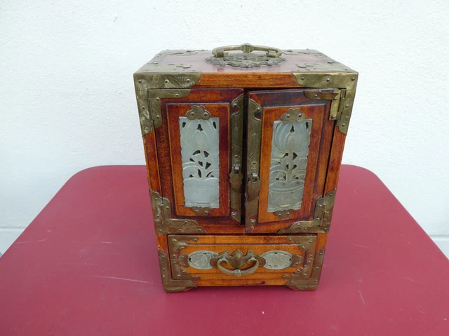 ANCIENNE BOITE A BIJOUX BOIS jade blanc BRONZE CHINE EUR 150,00