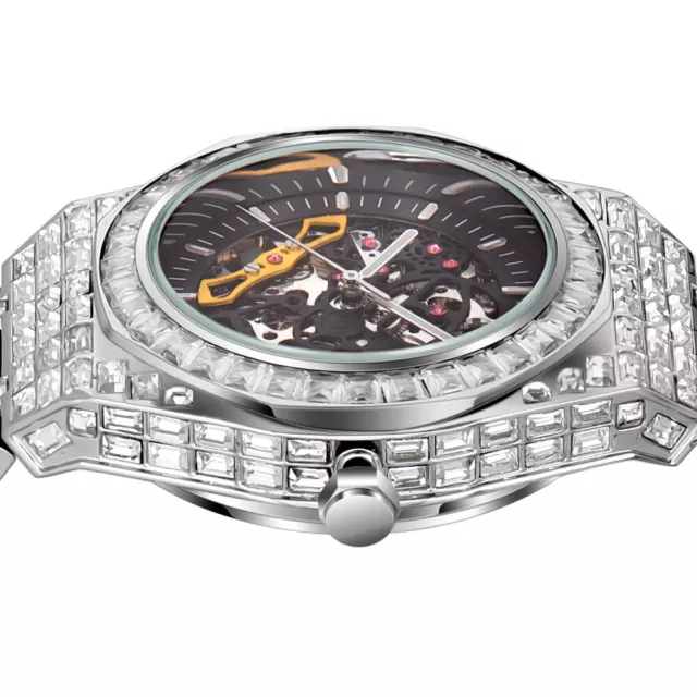 Hip Hop Full Square Diamond Luminous Hollow Mechanical Watch 2