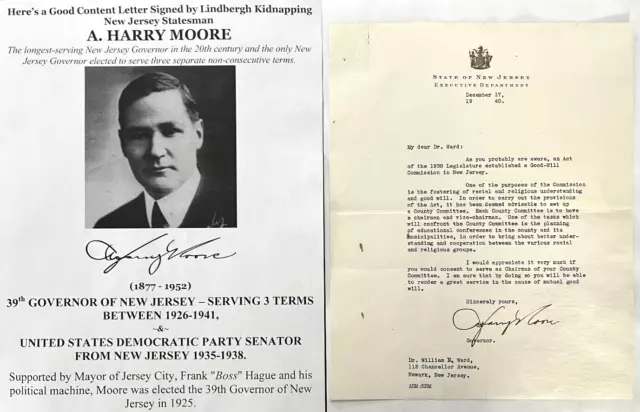 Lindbergh Baby Kidnapping Governor New Jersey Senator Moore Letter Signed 1940 !