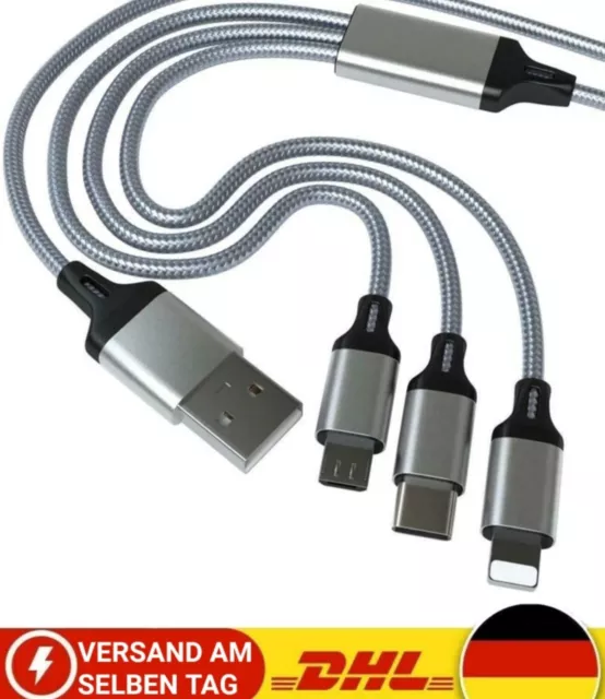 Multi USB Schnell Ladekabel - 3 in 1 - Type-C/Micro USB/iOS -Silber - NEU - 1,2m