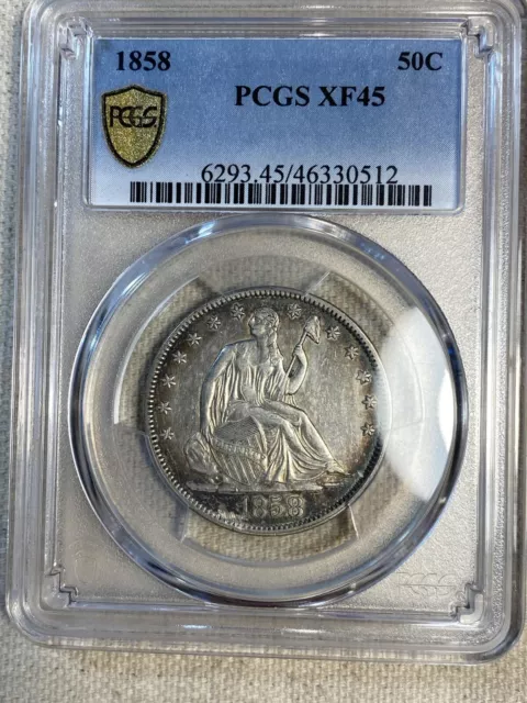 1858 Seated Liberty Half Dollar PCGS XF45 Light Toning Gold Shield