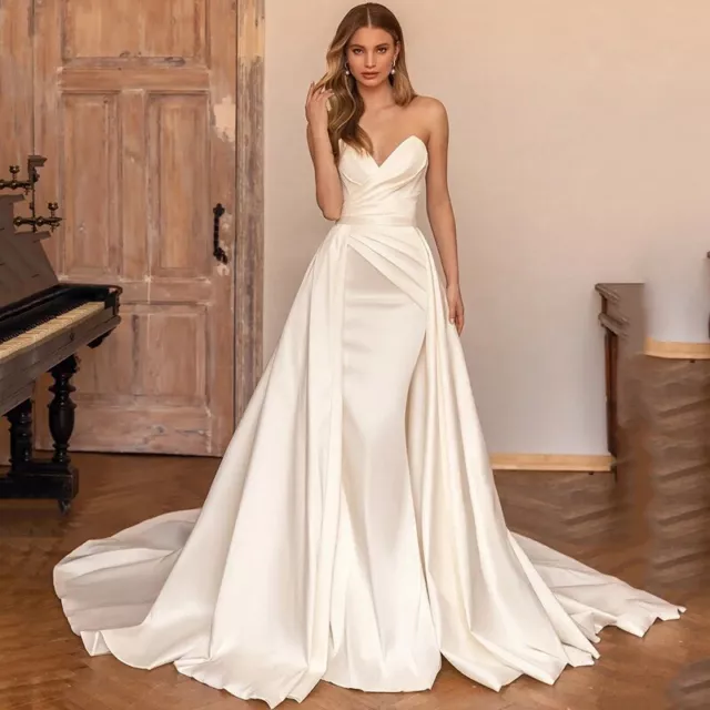 Elegant Ivory Detachable Train Wedding Dresses Mermaid Satin Church Bride Dress