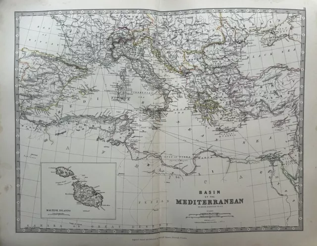 1884 Mediterranean With Malta Hand Coloured Original Antique Map by Johnston