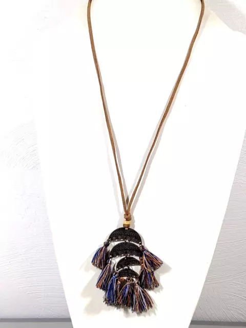 Boho Aztec Style Blue Brown Tassel Crescent Moon Cord Necklace 26 inches