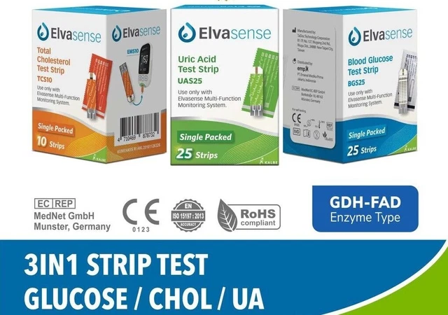 Tiras reactivas Elvasense para hemoglobina, colesterol, ácido úrico, glucosa