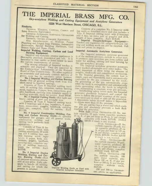 1921 PAPER AD Imperial Brass Oxy-Acetylene Welding Cutting Equipment Generator