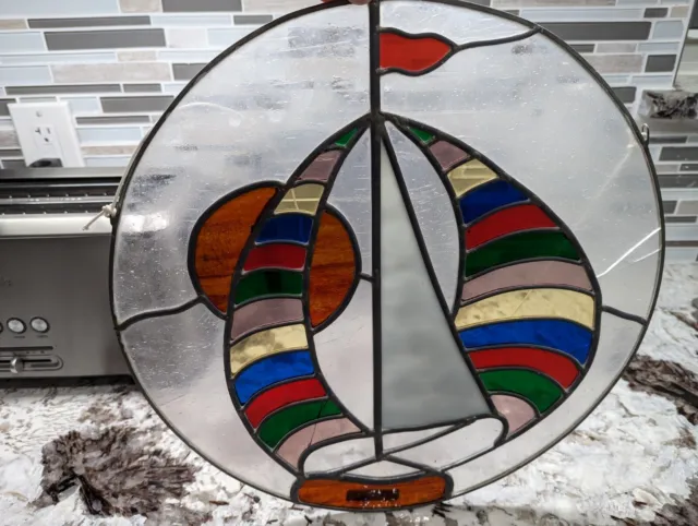 Stained glass window vintage round sail Boat Blue Green Red Hanging 15" 1986
