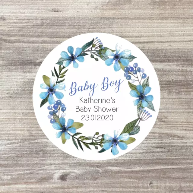 48 x Baby Shower Personalised Stickers, Baby Shower Favours, Baby Boy, Blue