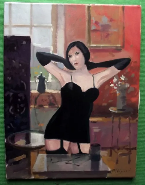 Art Deco Bob Hair Girl in Girdle & Gloves Original Oil Painting Zlatan Pilipovic