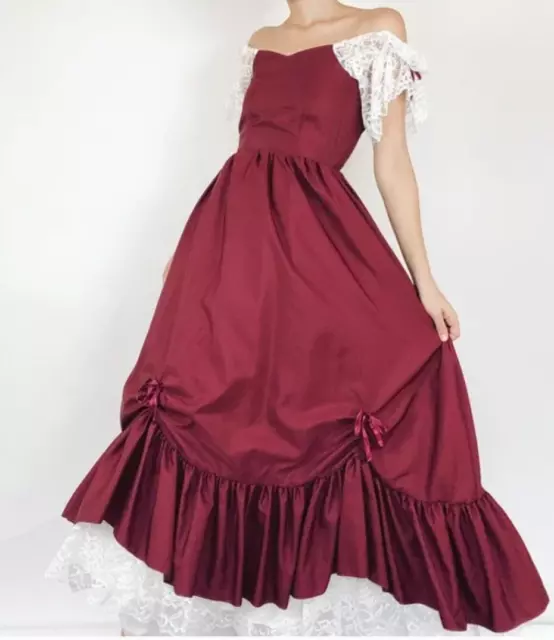 Vintage Victorian Civil War Southern Bell Burgundy Lace Ball Gown Small