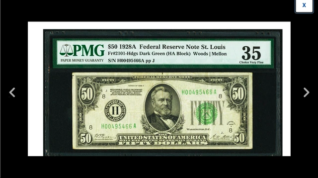ST. LOUIS Fr. 2101-H $50 1928A Dark Green Seal FEDERAL PMG Choice Very fine 35