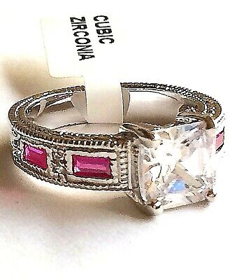 Art Deco Ring Size 5 6 7 8 9 10 Pink Cubic Zirconia Vintage Style Silver Plated
