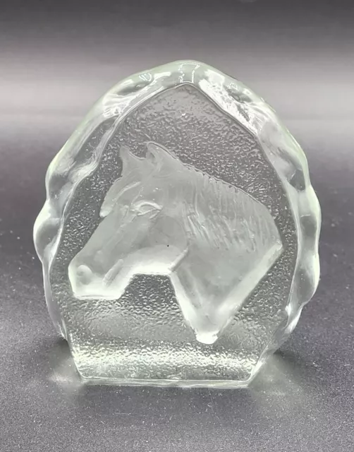 Horse Pony Head Clear Glass Etched Frosted Paperweight 3.5 inch