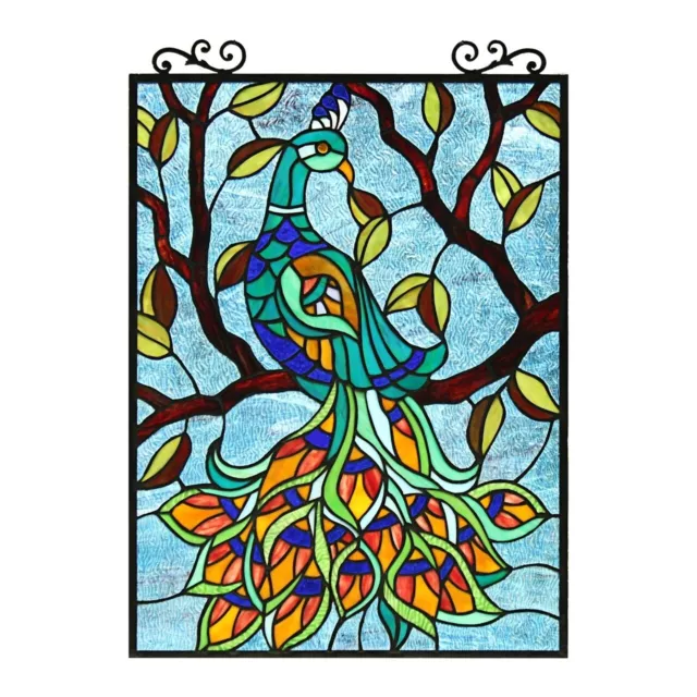 25" peacock plumes tiffany style stained glass bird hang window suncatcher panel