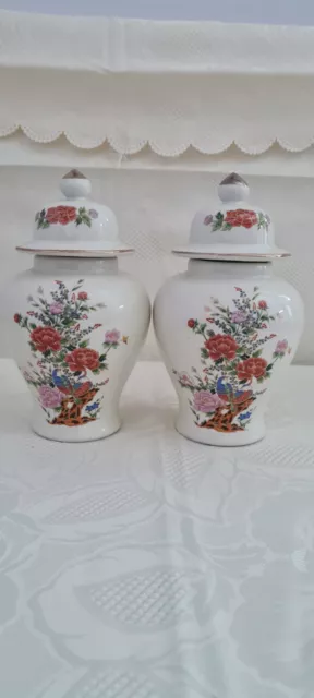 Vintage-Paar Japanische Porzellan-Ingwergläser / Turteltauben / Signiert An Basis 6"
