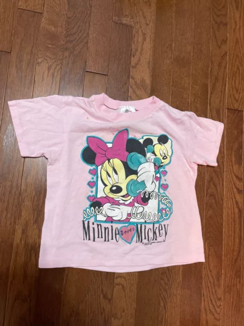 Disney Minnie Loves Mickey Mouse Front T-Shirt Made USA Pink Kids Sz 6X Vtg 80’s