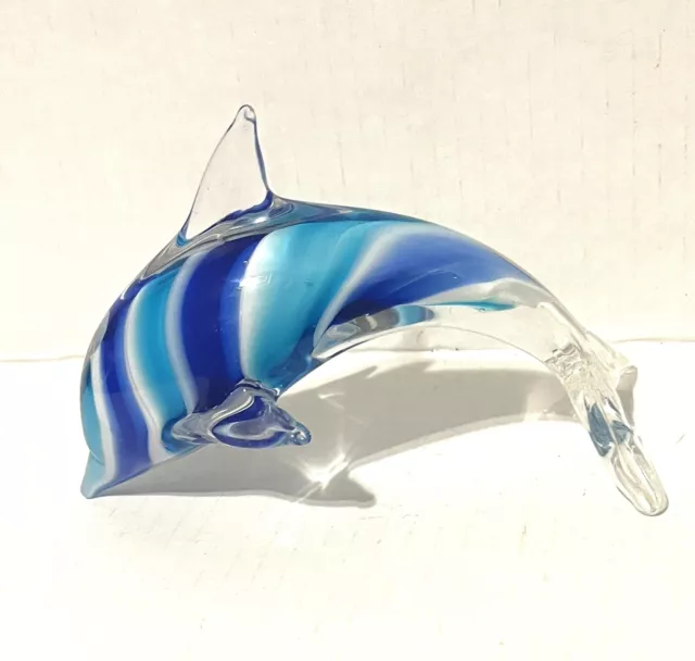 Hand Blown Art Glass Aqua-Blue Swirl Dolphin Figurine Paperweight 6 Inch