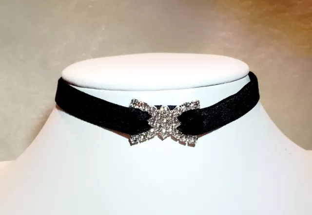 Black Velvet Choker Necklace, Sliding Rhinestone Bowtie Pendant, Adjustable*NEW*