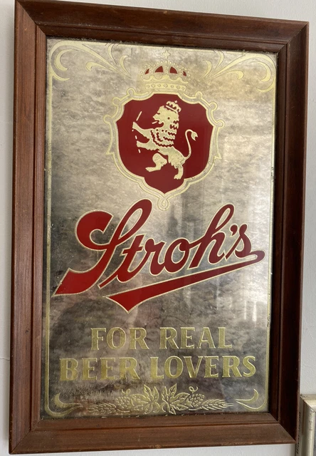 Stroh's For Real Beer Lovers Framed Glass Mirror Bar Advertising Sign 14" x 21"