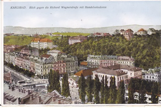 uralte AK Karlsbad Blick Richard Wagnerstraße mit Handlelsakademie 1931 //79