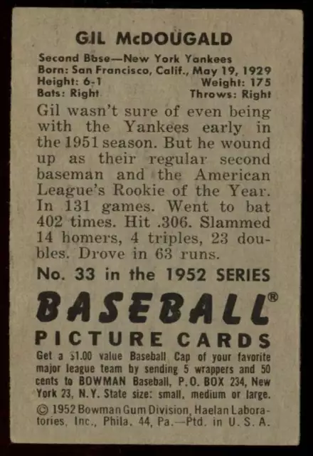 1952 Bowman #33 Gil McDougald EX RC Rookie Yankees  73287 2
